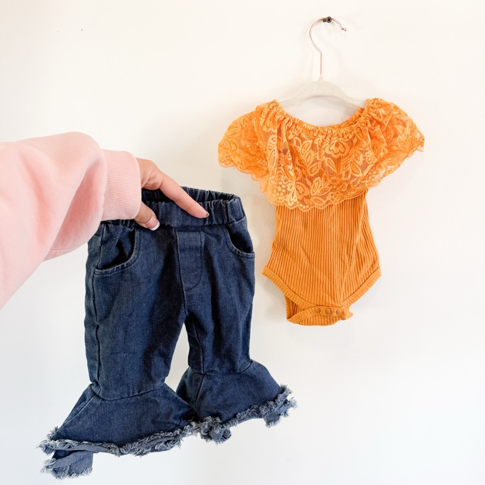 Western Boho Baby Bell Bottom Denim Jeans and mustard onesie set NWT 6/9